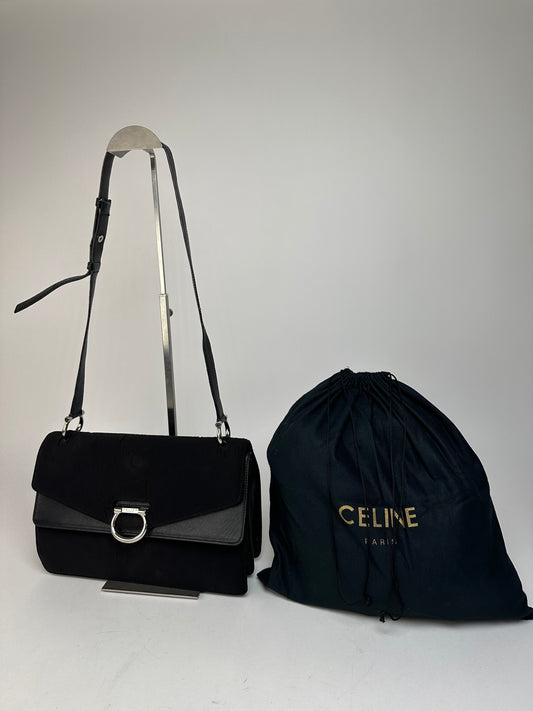 Vintage Celine Paris Flap Polyester Leather Shoulder Bag Black
