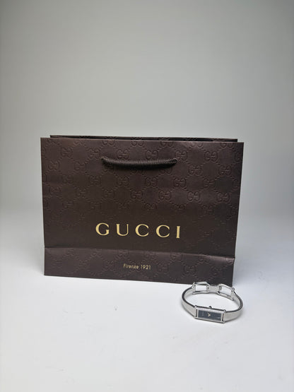 Vintage Gucci Stainless Steel Leather Bracelet Watch Silver Black