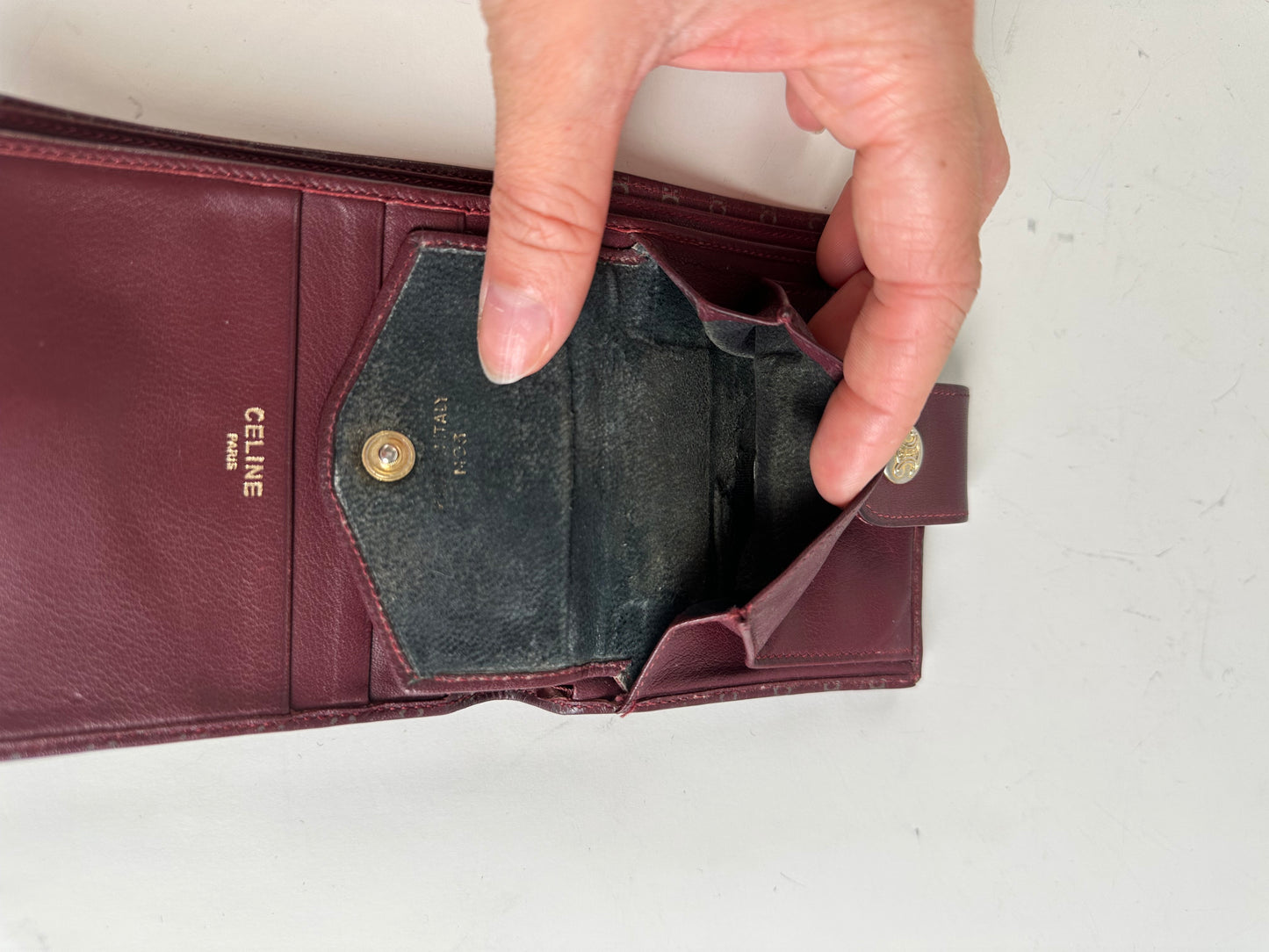 Vintage Celine Leather Wallet Burgundy Gold Snap c. 2000