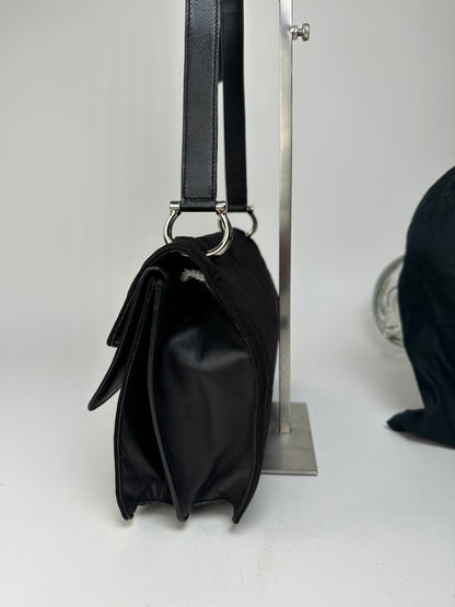 Vintage Celine Paris Flap Polyester Leather Shoulder Bag Black