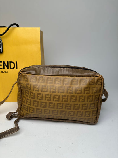 Fendi Vintage Crossbody Bag FF Logo Pattern Brown Fabric