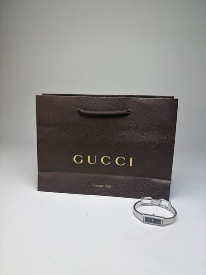Vintage Gucci Stainless Steel Leather Bracelet Watch Silver Black