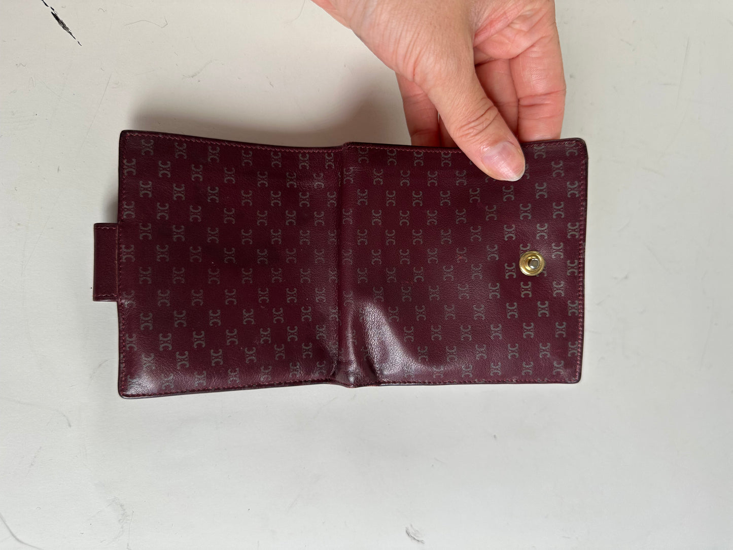 Vintage Celine Leather Wallet Burgundy Gold Snap c. 2000