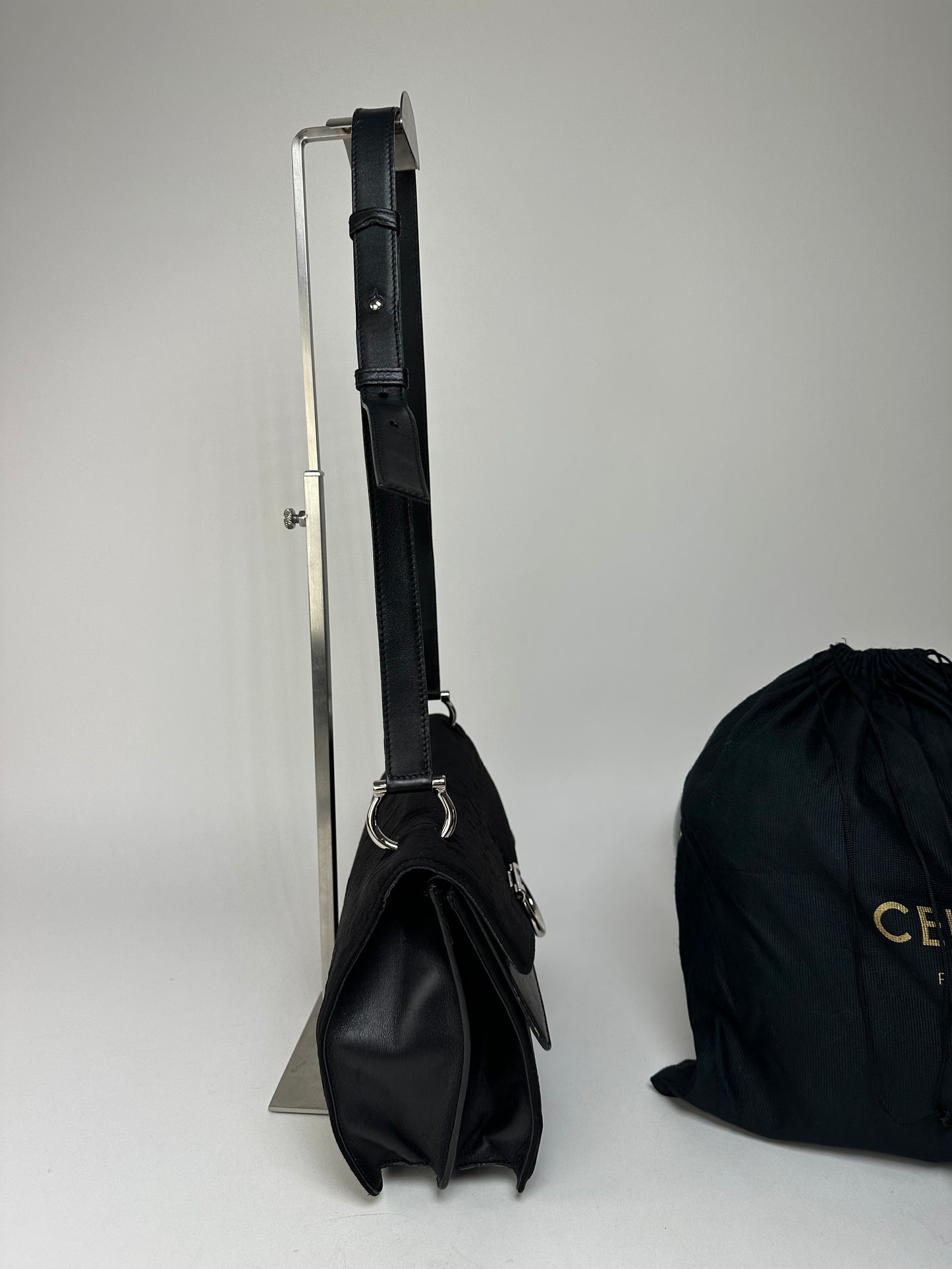 Vintage Celine Paris Flap Polyester Leather Shoulder Bag Black