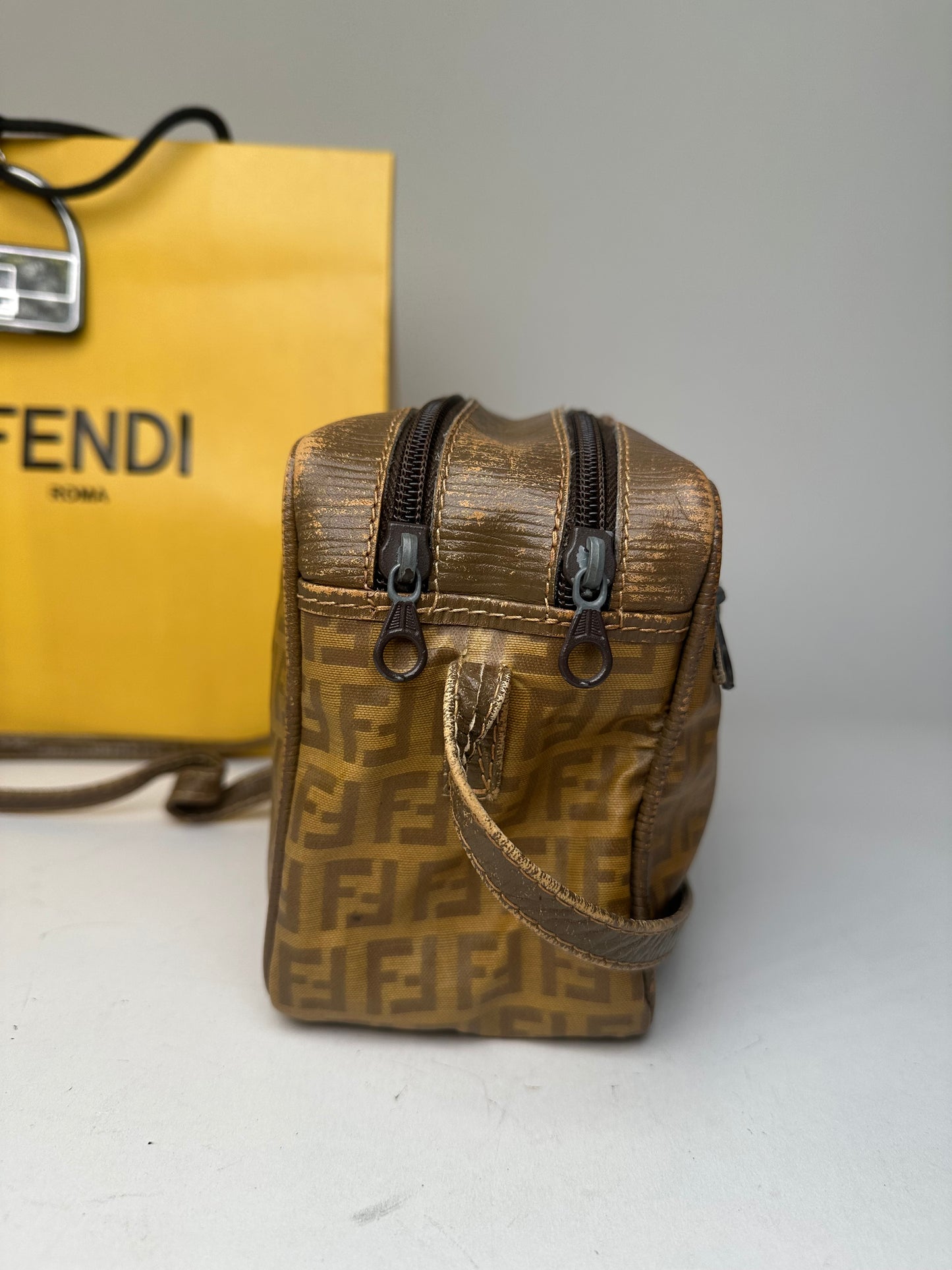 Fendi Vintage Crossbody Bag FF Logo Pattern Brown Fabric