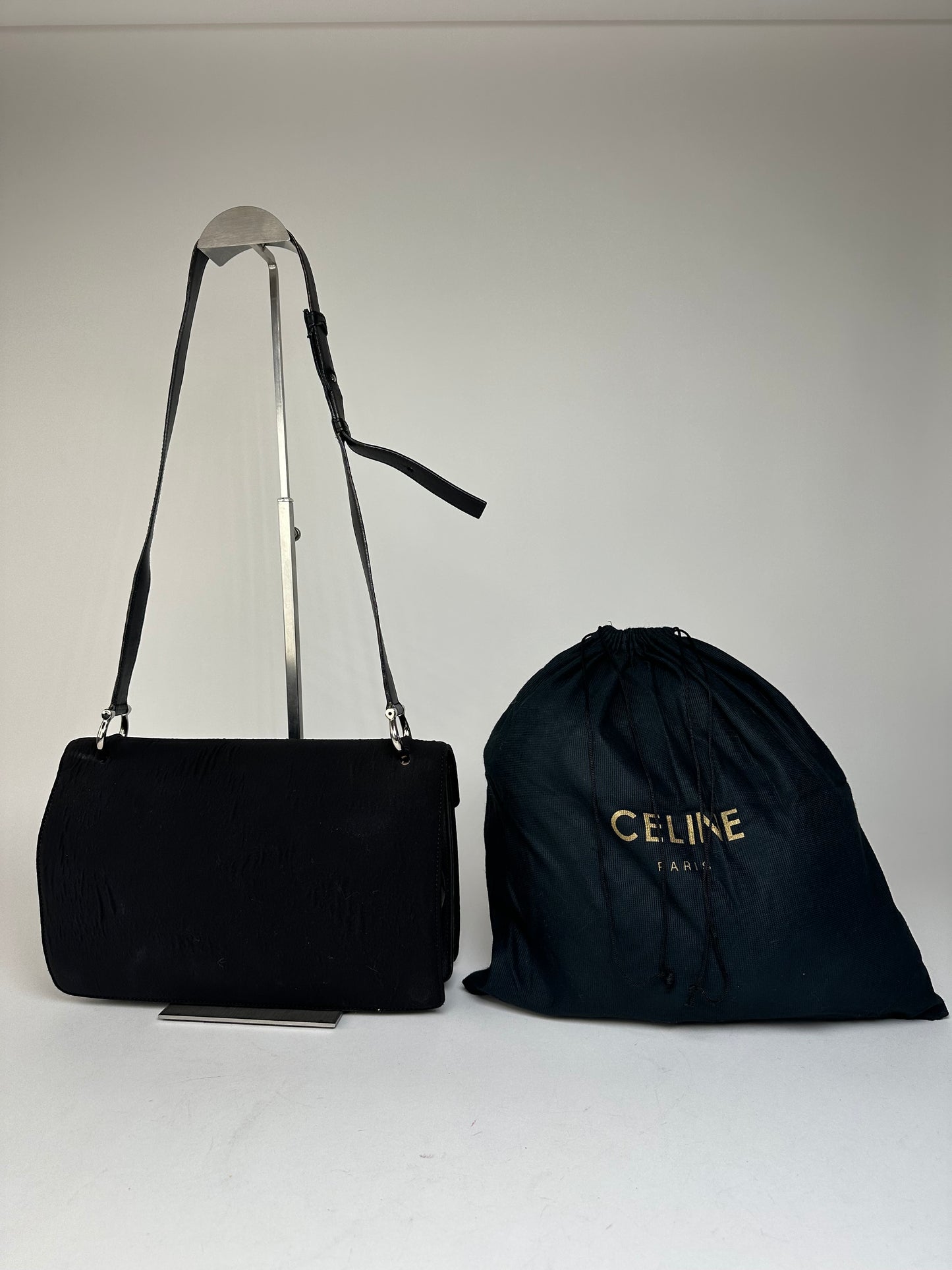 Vintage Celine Paris Flap Polyester Leather Shoulder Bag Black