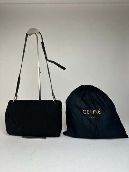 Vintage Celine Paris Flap Polyester Leather Shoulder Bag Black