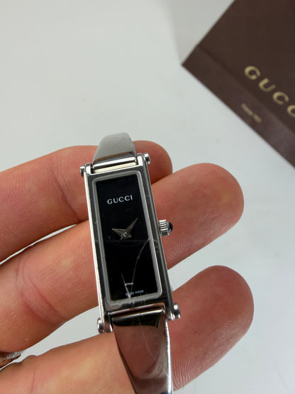 Vintage Gucci Stainless Steel Leather Bracelet Watch Silver Black