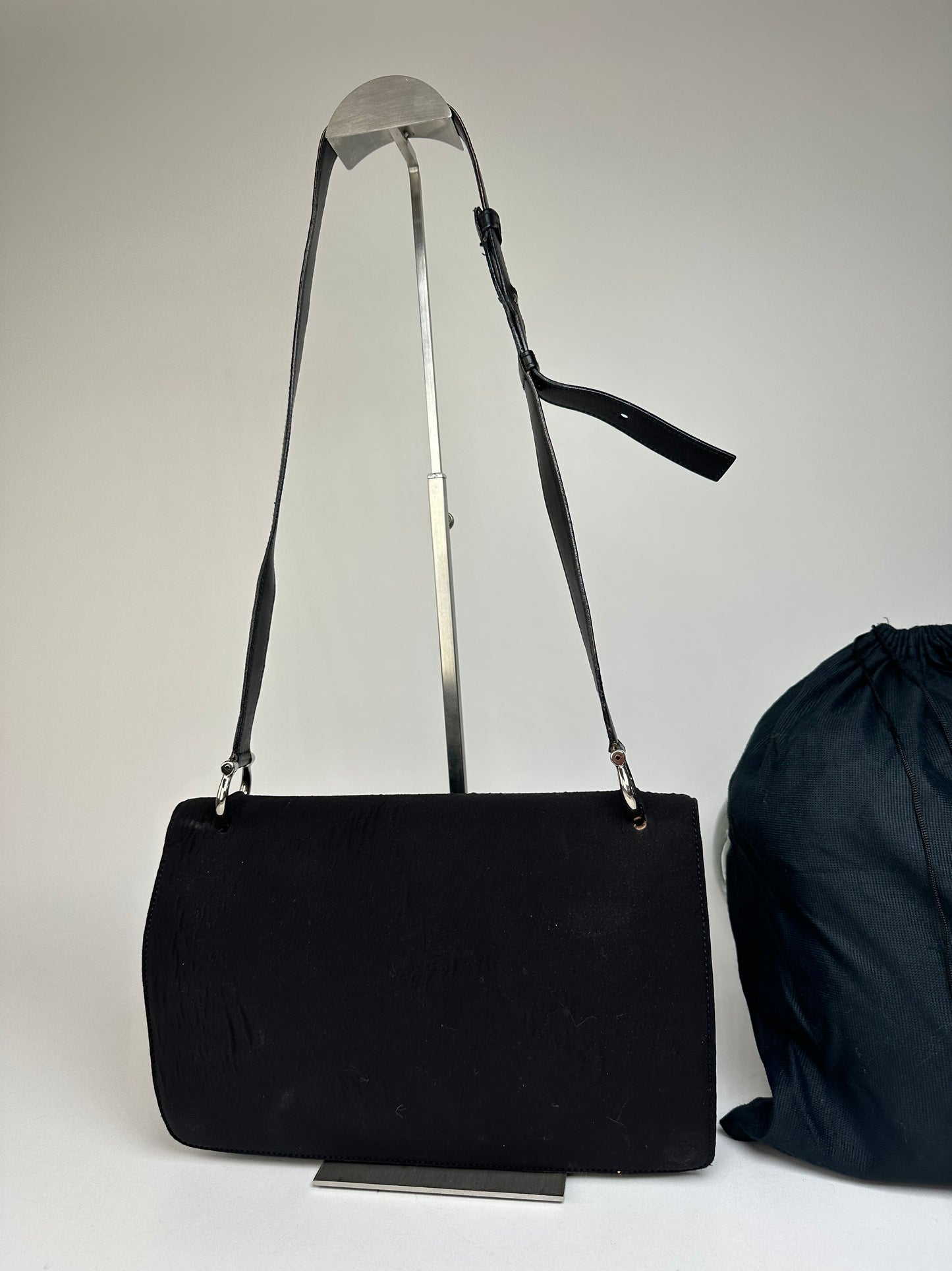 Vintage Celine Paris Flap Polyester Leather Shoulder Bag Black