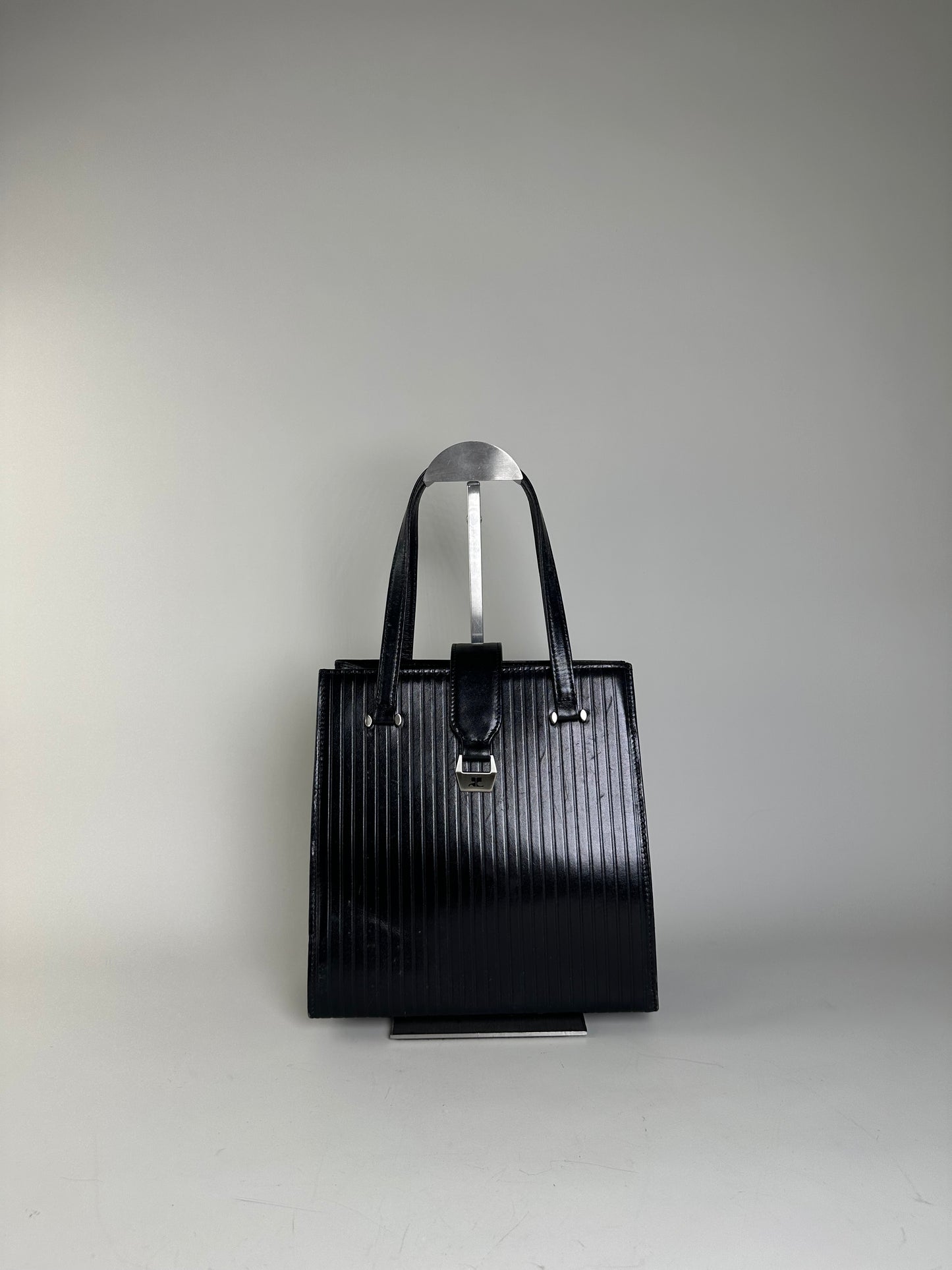 Vintage Courreges Ribbed Leather Handbag Black Silver