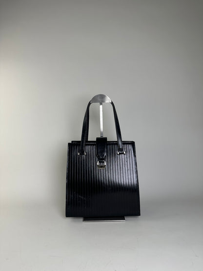 Vintage Courreges Ribbed Leather Handbag Black Silver