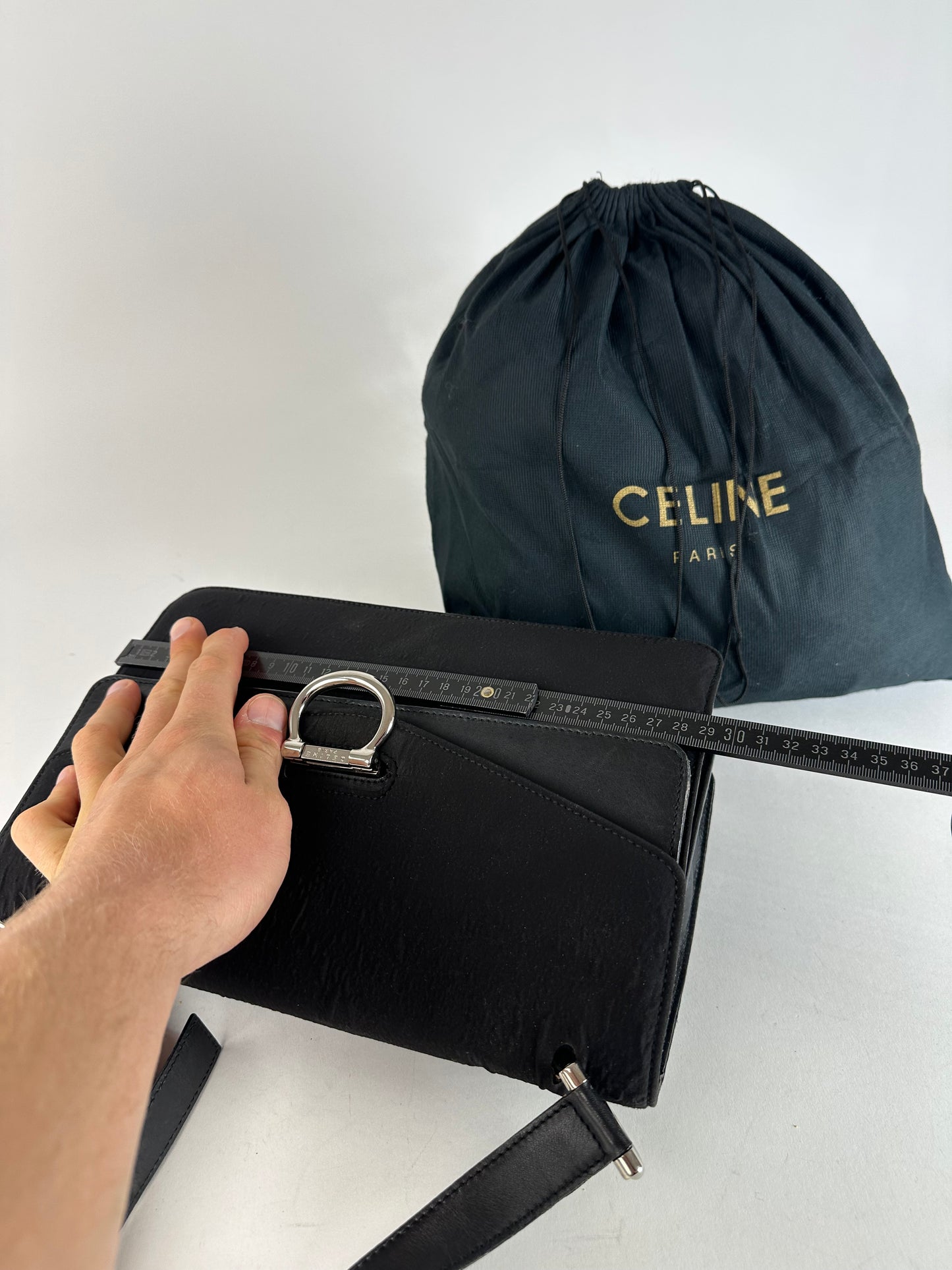 Vintage Celine Paris Flap Polyester Leather Shoulder Bag Black
