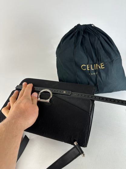 Vintage Celine Paris Flap Polyester Leather Shoulder Bag Black