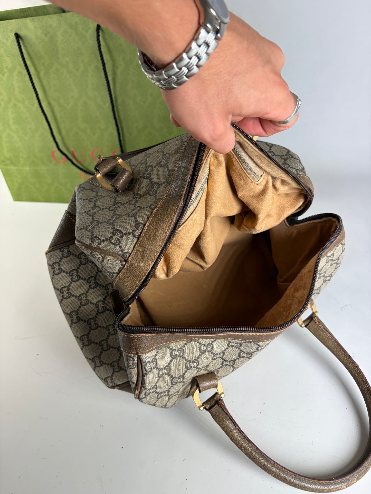 Vintage Gucci GG Canvas Horsebit Top-Handle Bag Beige Brown