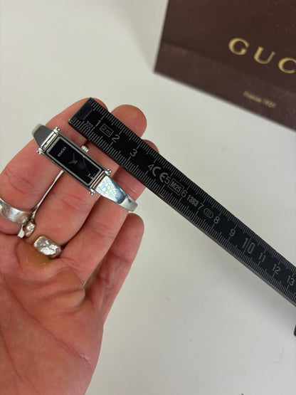 Vintage Gucci Stainless Steel Leather Bracelet Watch Silver Black
