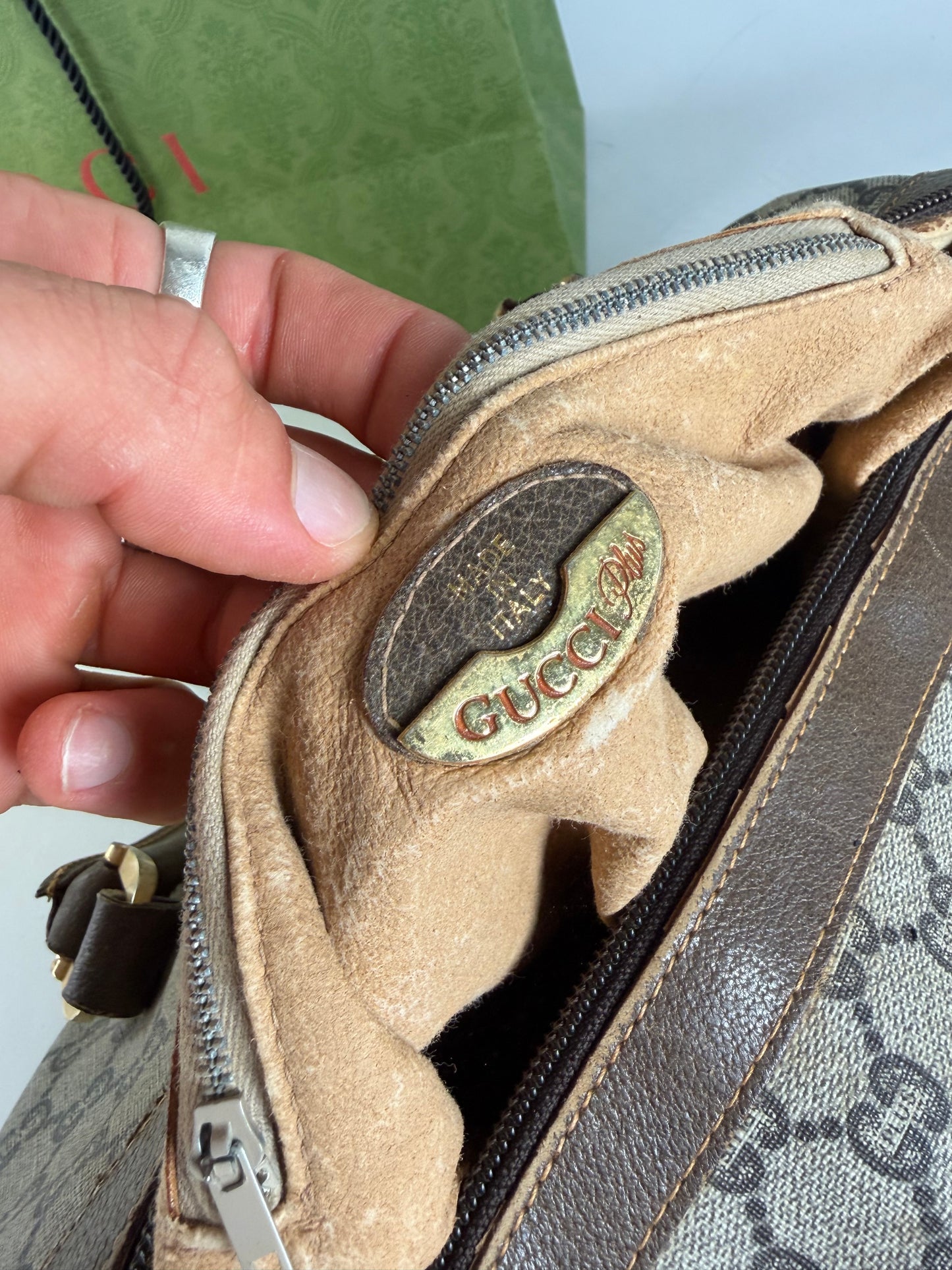 Vintage Gucci GG Canvas Horsebit Top-Handle Bag Beige Brown