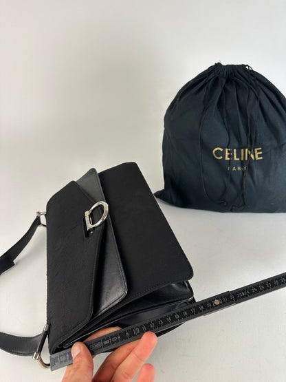 Vintage Celine Paris Flap Polyester Leather Shoulder Bag Black