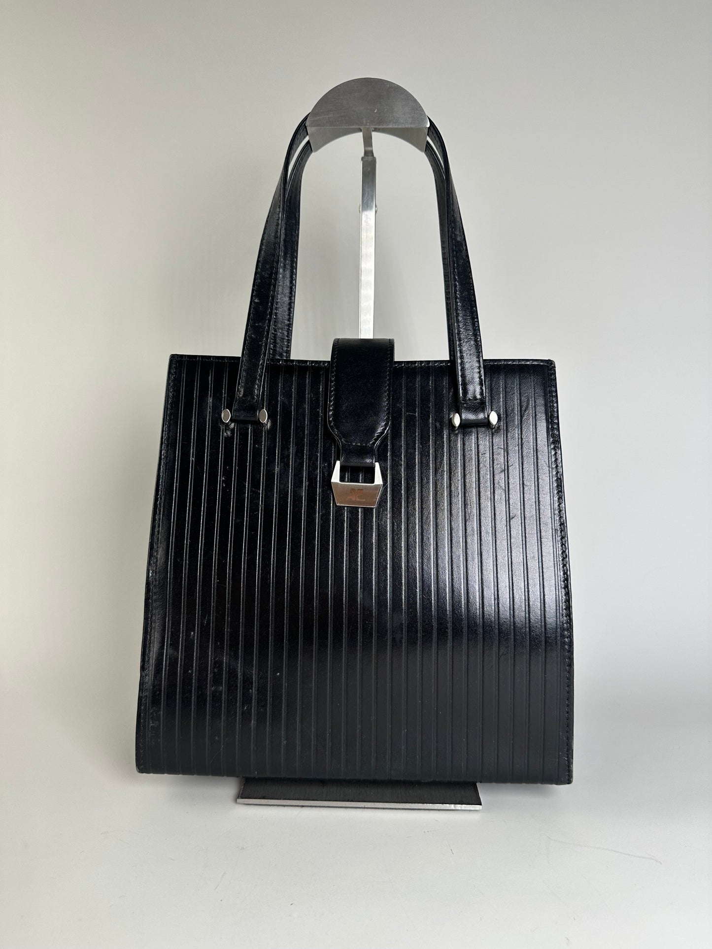 Vintage Courreges Ribbed Leather Handbag Black Silver