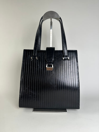 Vintage Courreges Ribbed Leather Handbag Black Silver