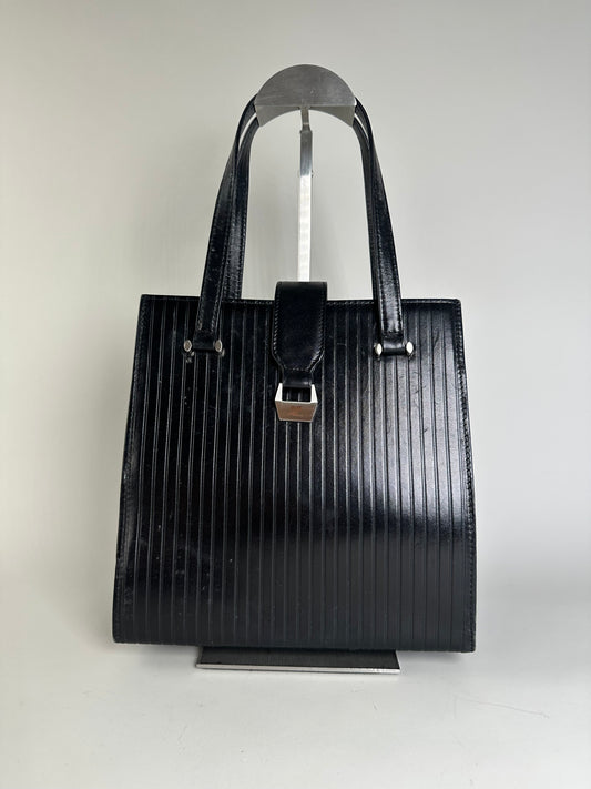 Vintage Courreges Ribbed Leather Handbag Black Silver