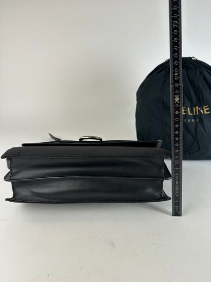 Vintage Celine Paris Flap Polyester Leather Shoulder Bag Black