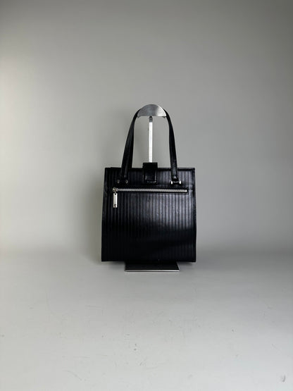 Vintage Courreges Ribbed Leather Handbag Black Silver