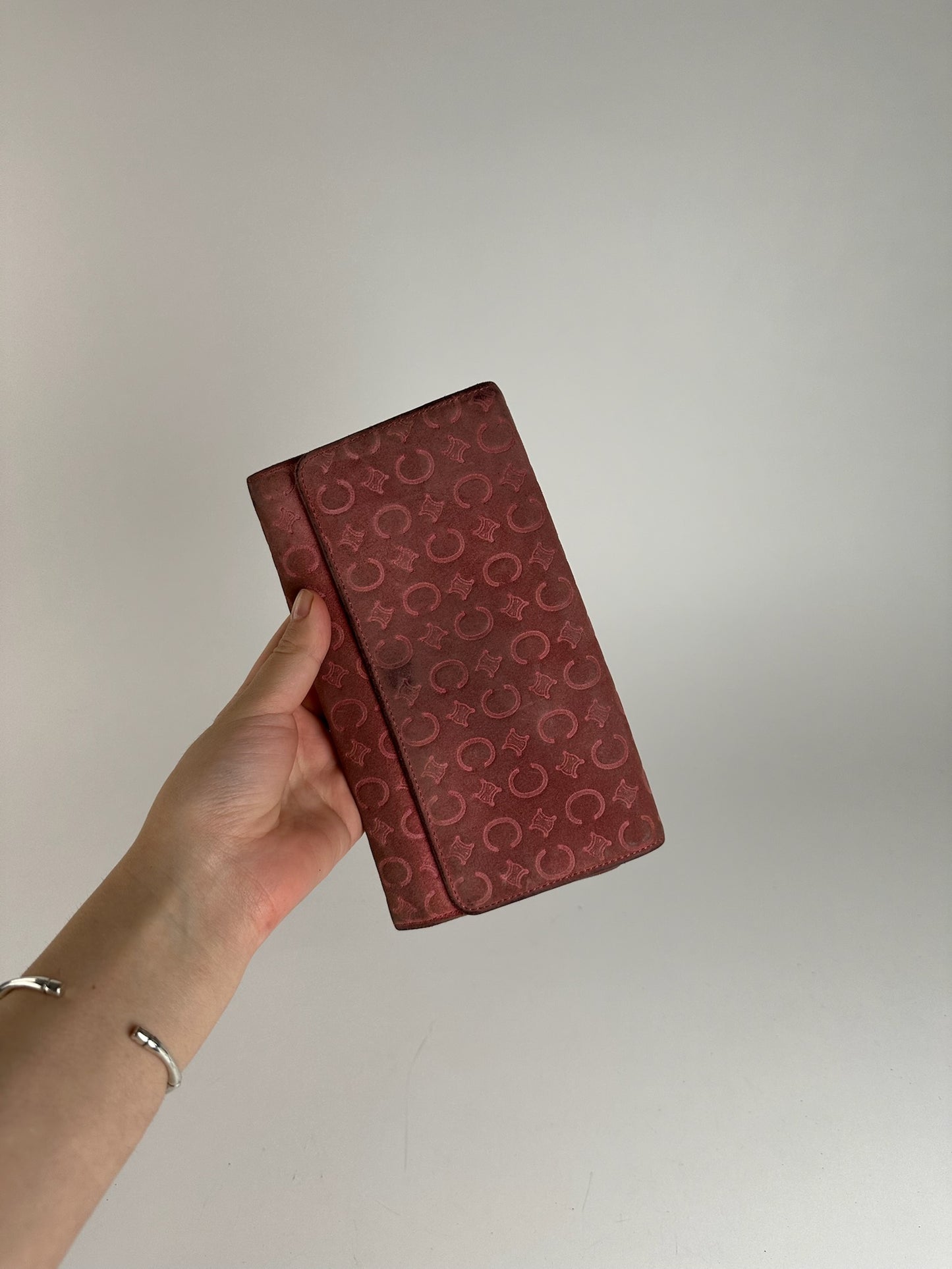 Portefeuille vintage Céline en daim macadam Monogram rose marron