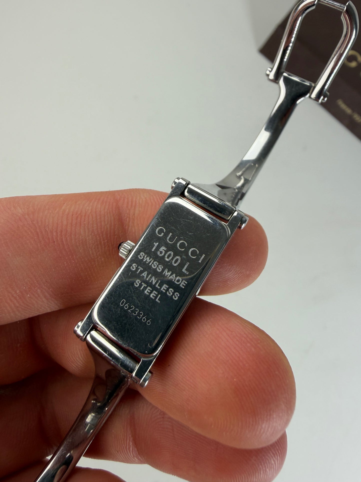 Vintage Gucci Stainless Steel Leather Bracelet Watch Silver Black