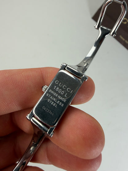 Vintage Gucci Stainless Steel Leather Bracelet Watch Silver Black