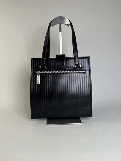Vintage Courreges Ribbed Leather Handbag Black Silver