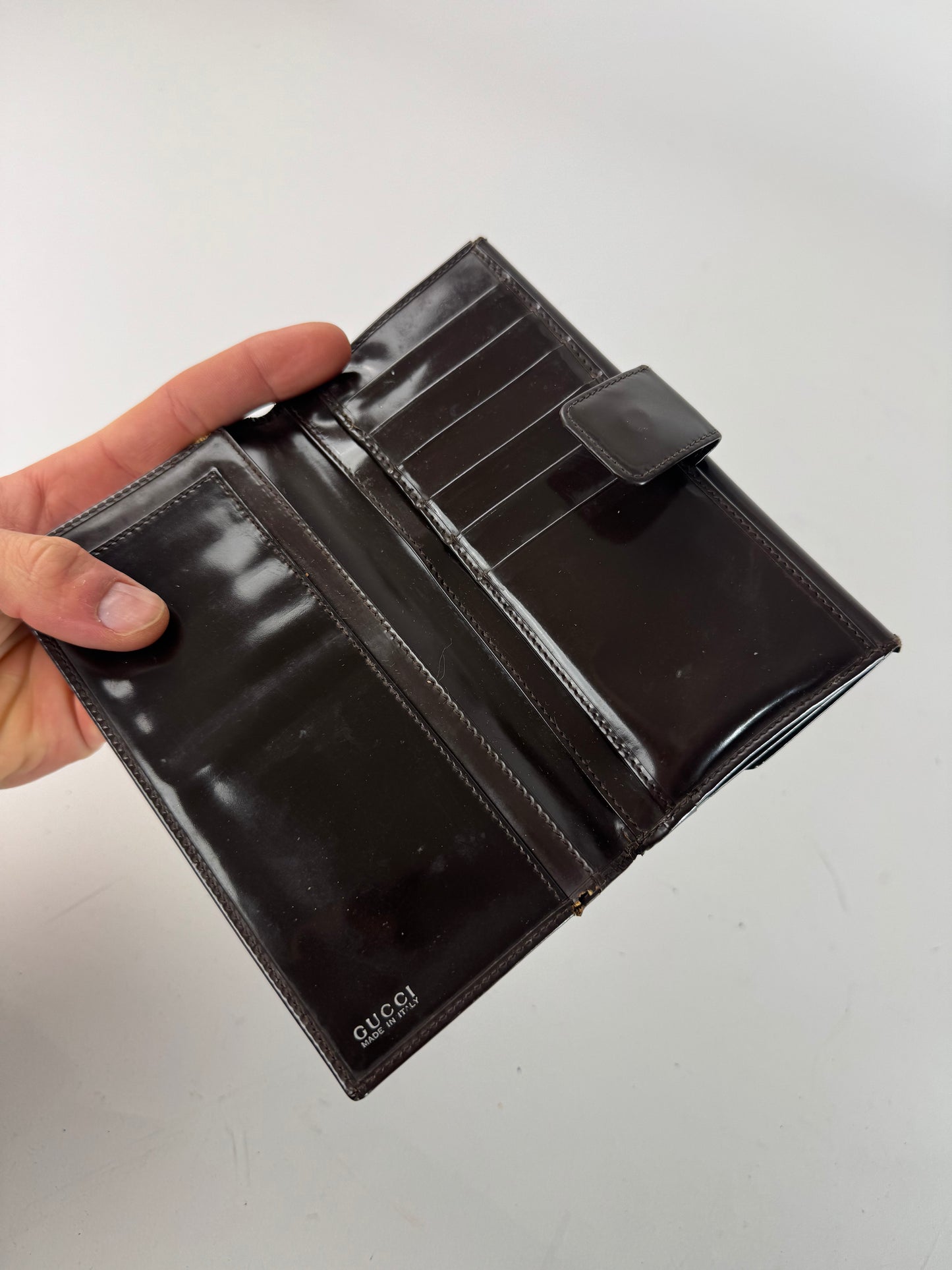 Vintage Gucci Patent Leather Horsebit Wallet Brown