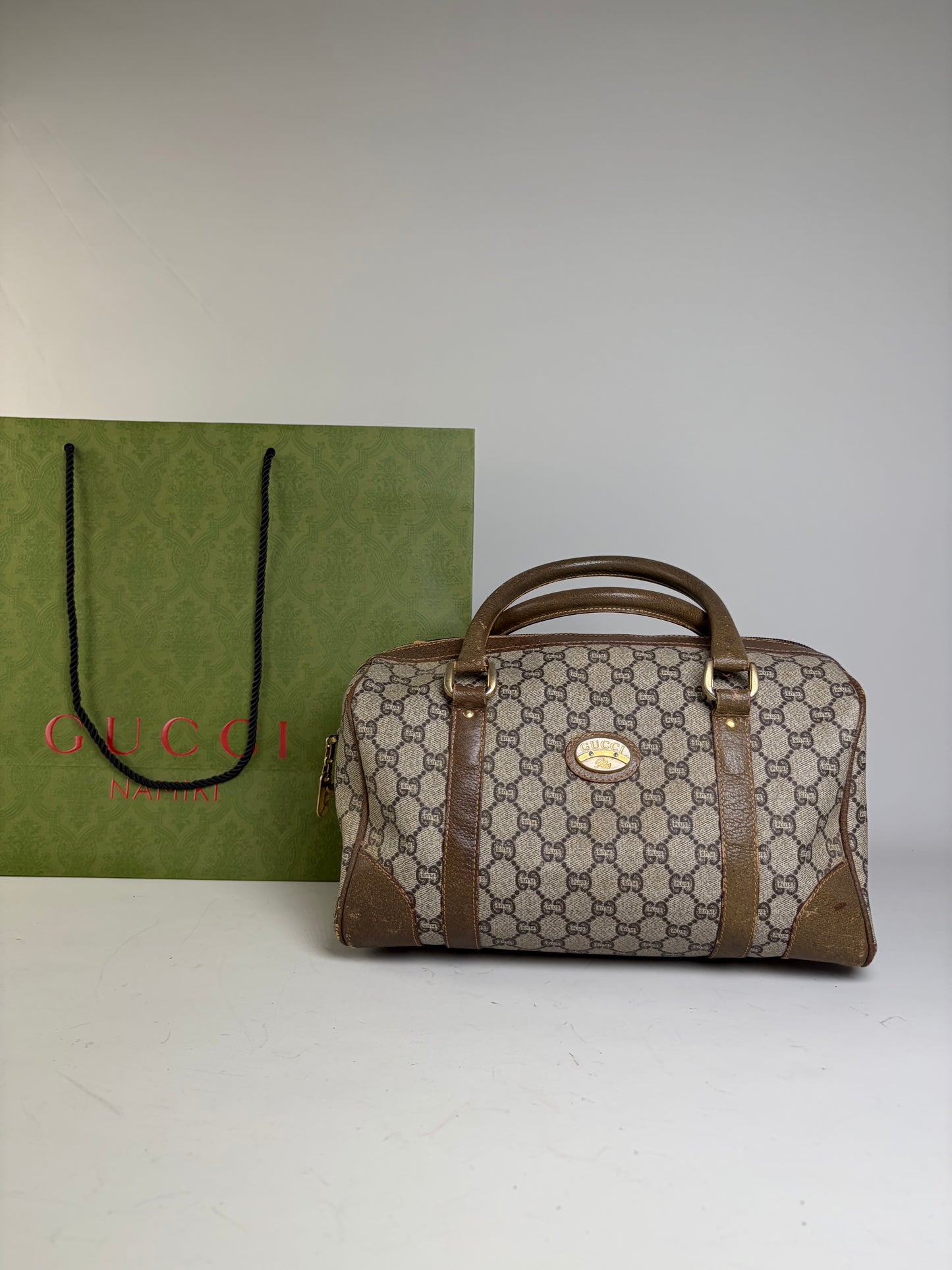 Vintage Gucci GG Canvas Horsebit Top-Handle Bag Beige Brown