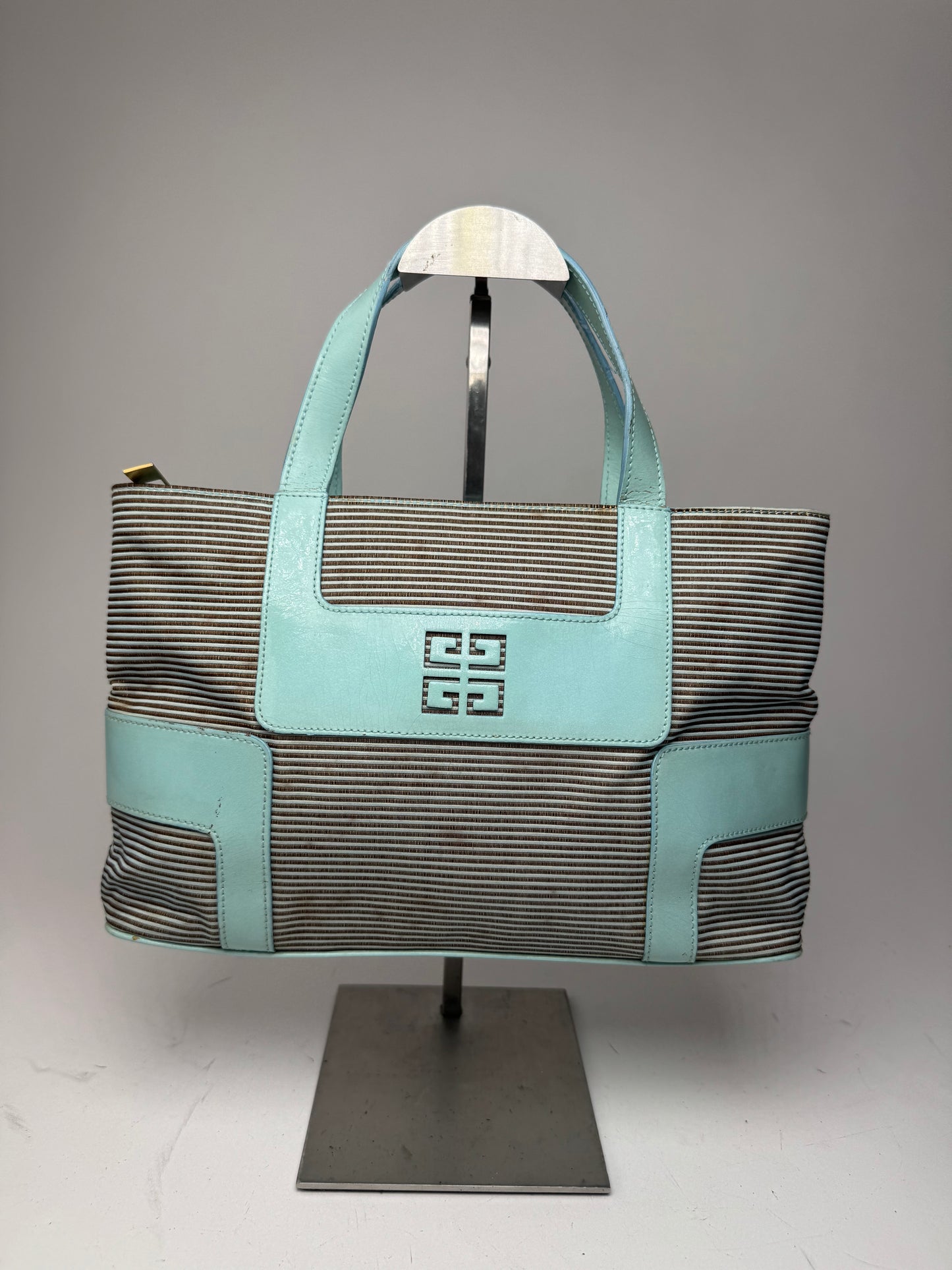 Vintage Givenchy Leather Canvas Bag Turquoise Brown