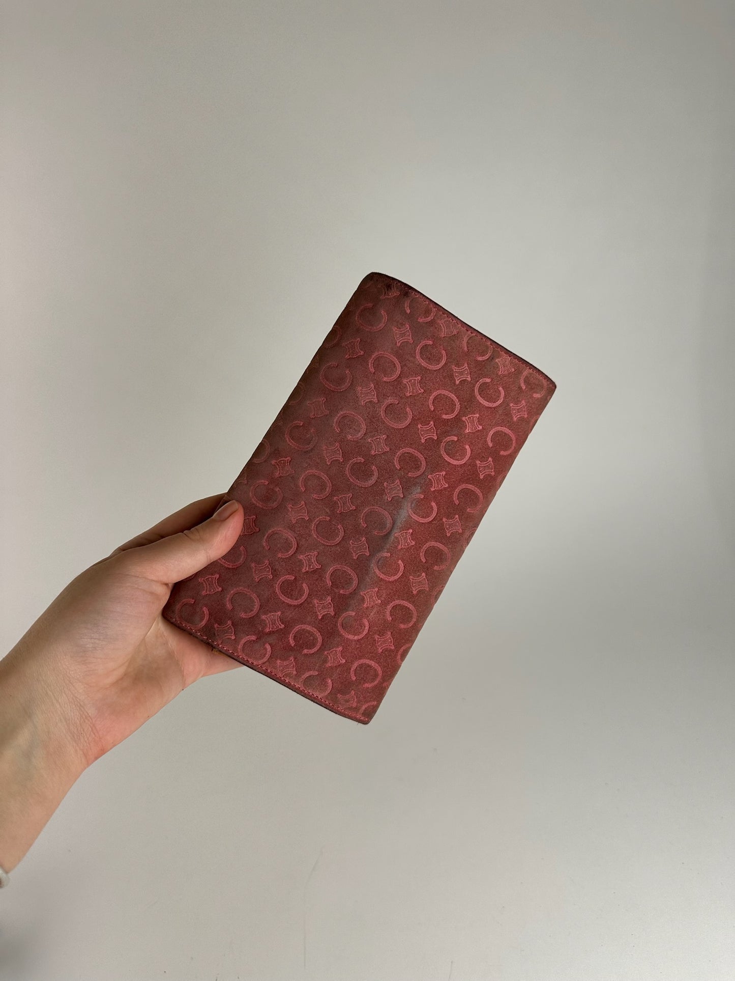 Portefeuille vintage Céline en daim macadam Monogram rose marron