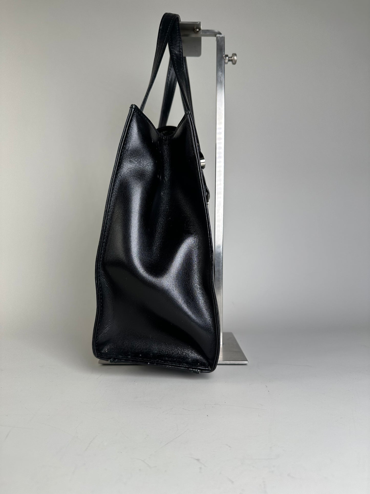 Vintage Courreges Ribbed Leather Handbag Black Silver