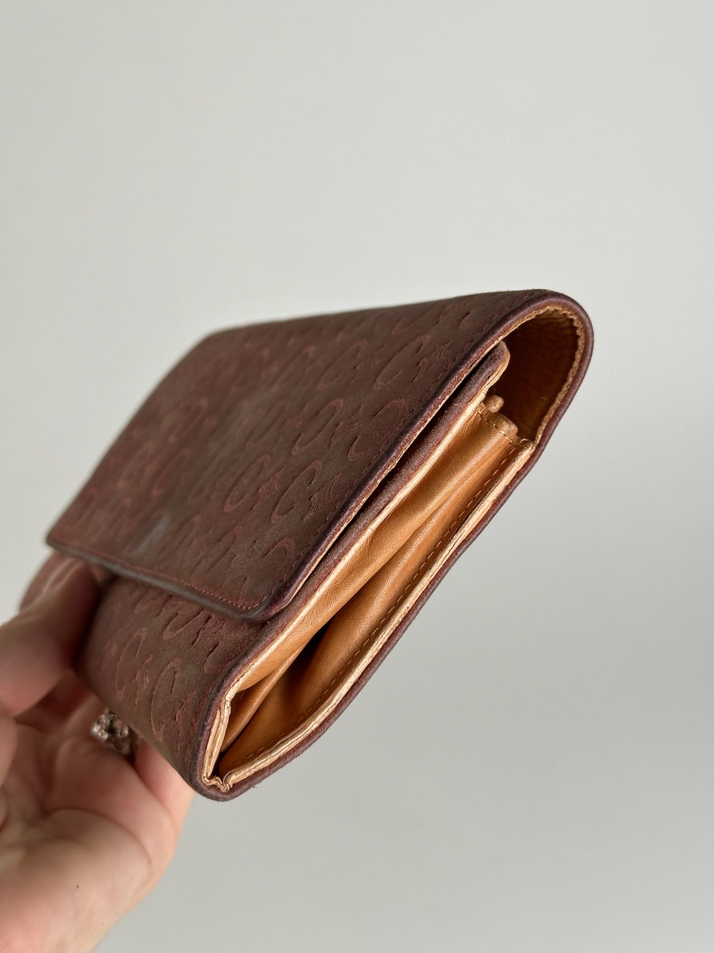 Portefeuille vintage Céline en daim macadam Monogram rose marron