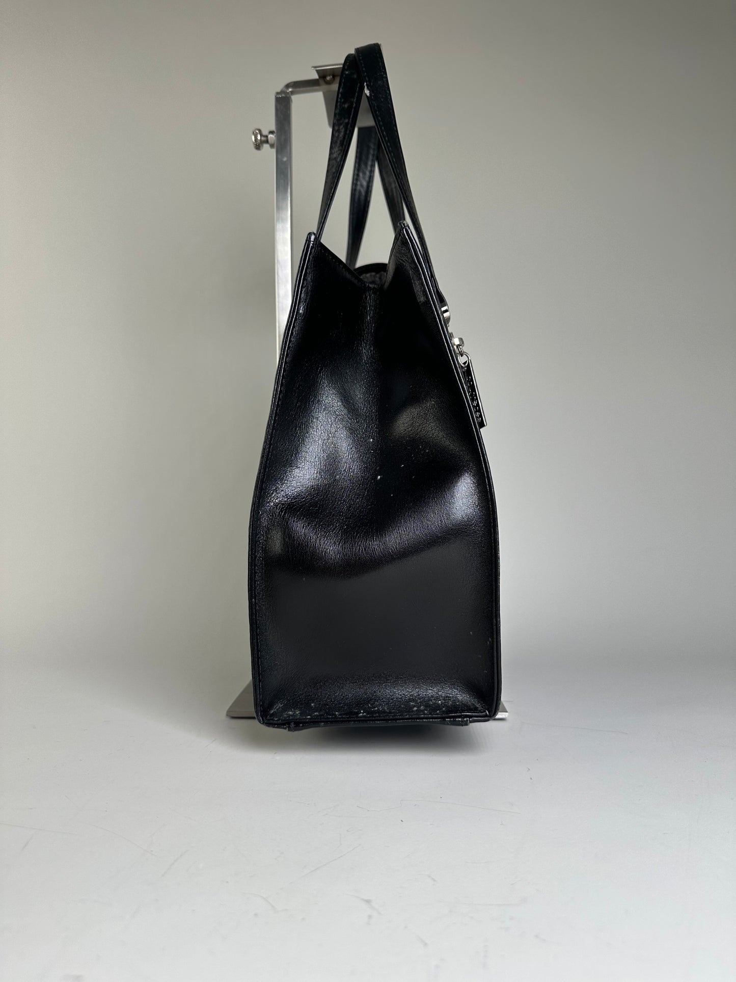 Vintage Courreges Ribbed Leather Handbag Black Silver