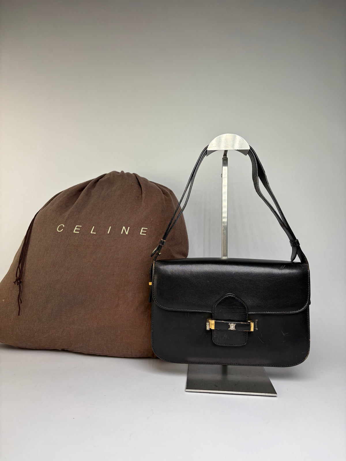 Vintage Celine Leather Flap Crossbody Bag Late 1970s Black