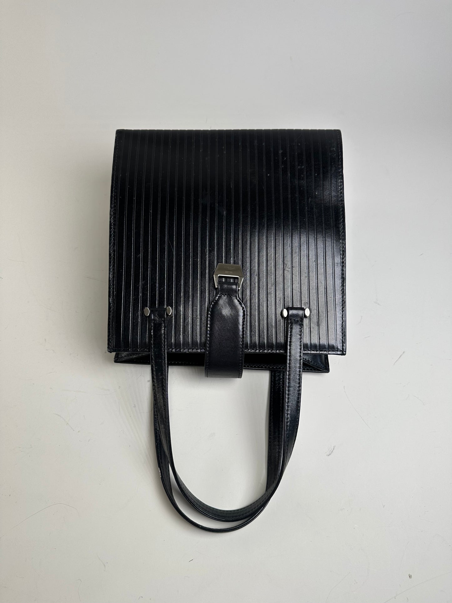Vintage Courreges Ribbed Leather Handbag Black Silver