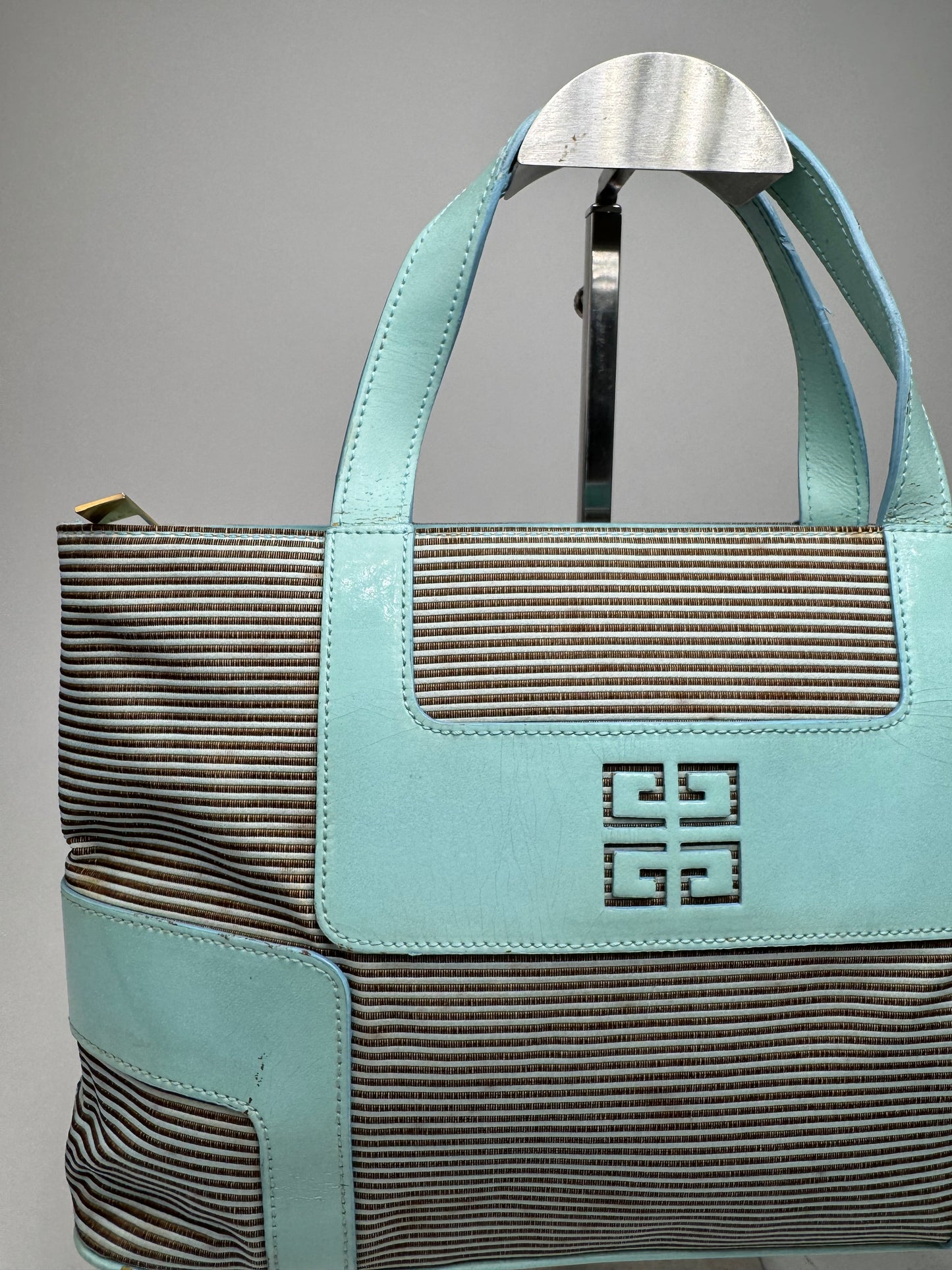 Vintage Givenchy Leather Canvas Bag Turquoise Brown