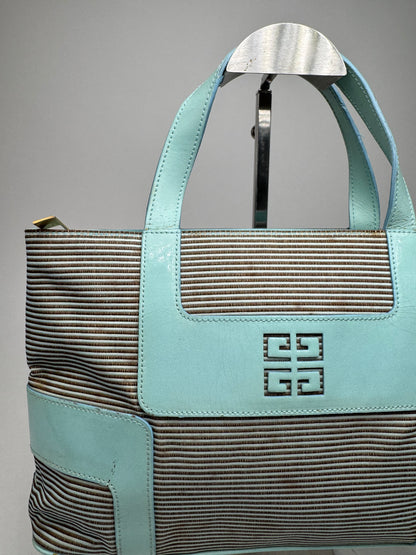 Vintage Givenchy Leather Canvas Bag Turquoise Brown