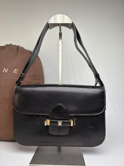 Vintage Celine Leather Flap Crossbody Bag Late 1970s Black