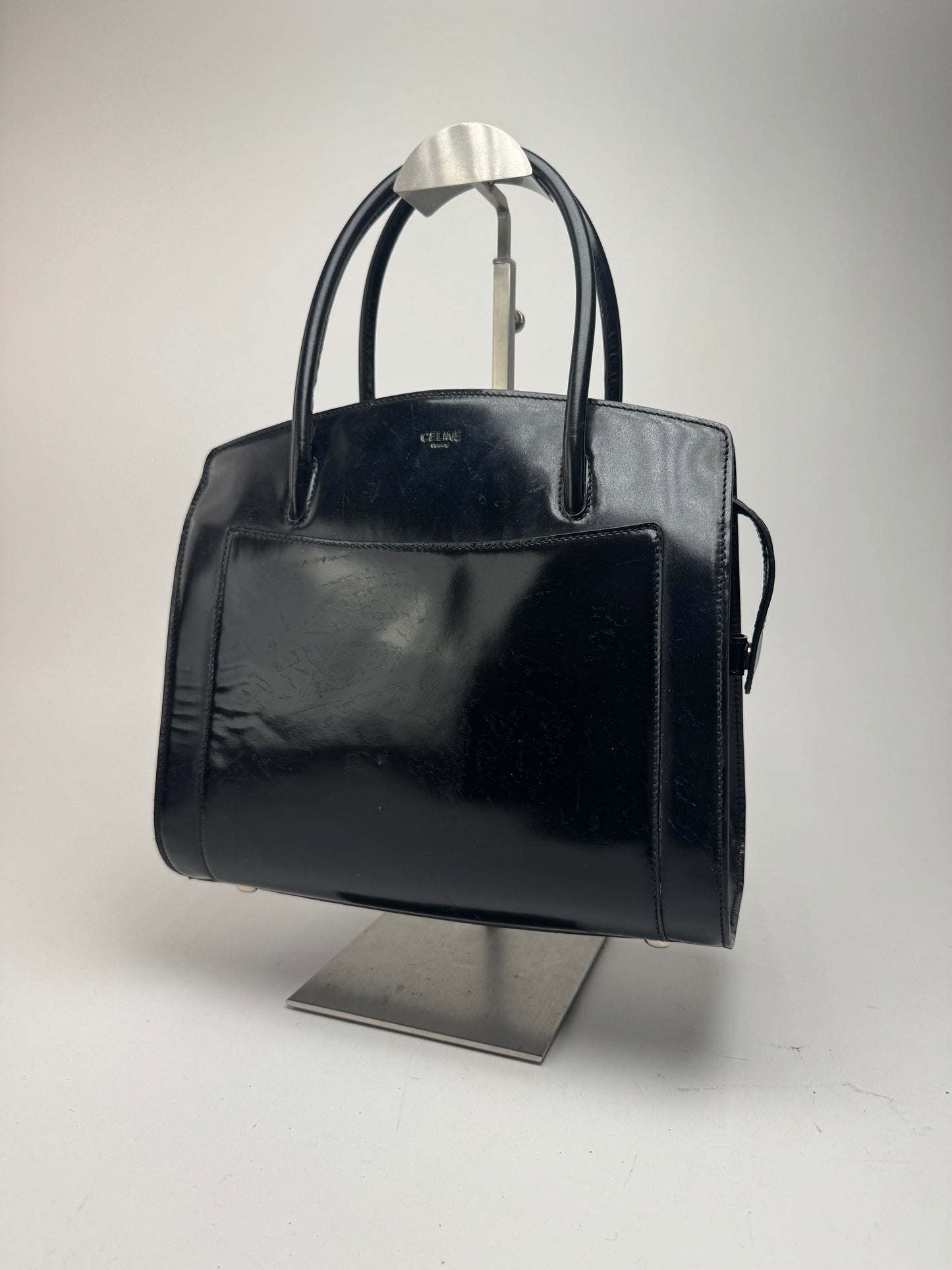 Sac vintage en cuir verni noir Céline Paris