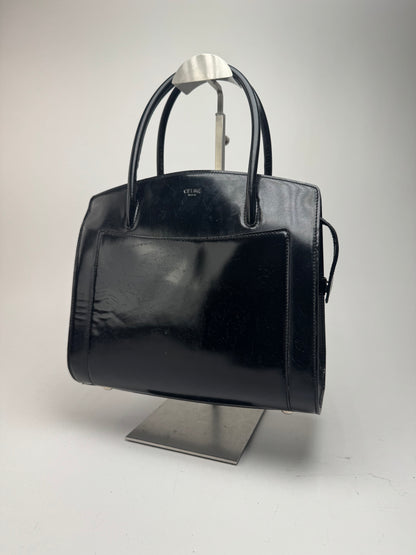 Sac vintage en cuir verni noir Céline Paris