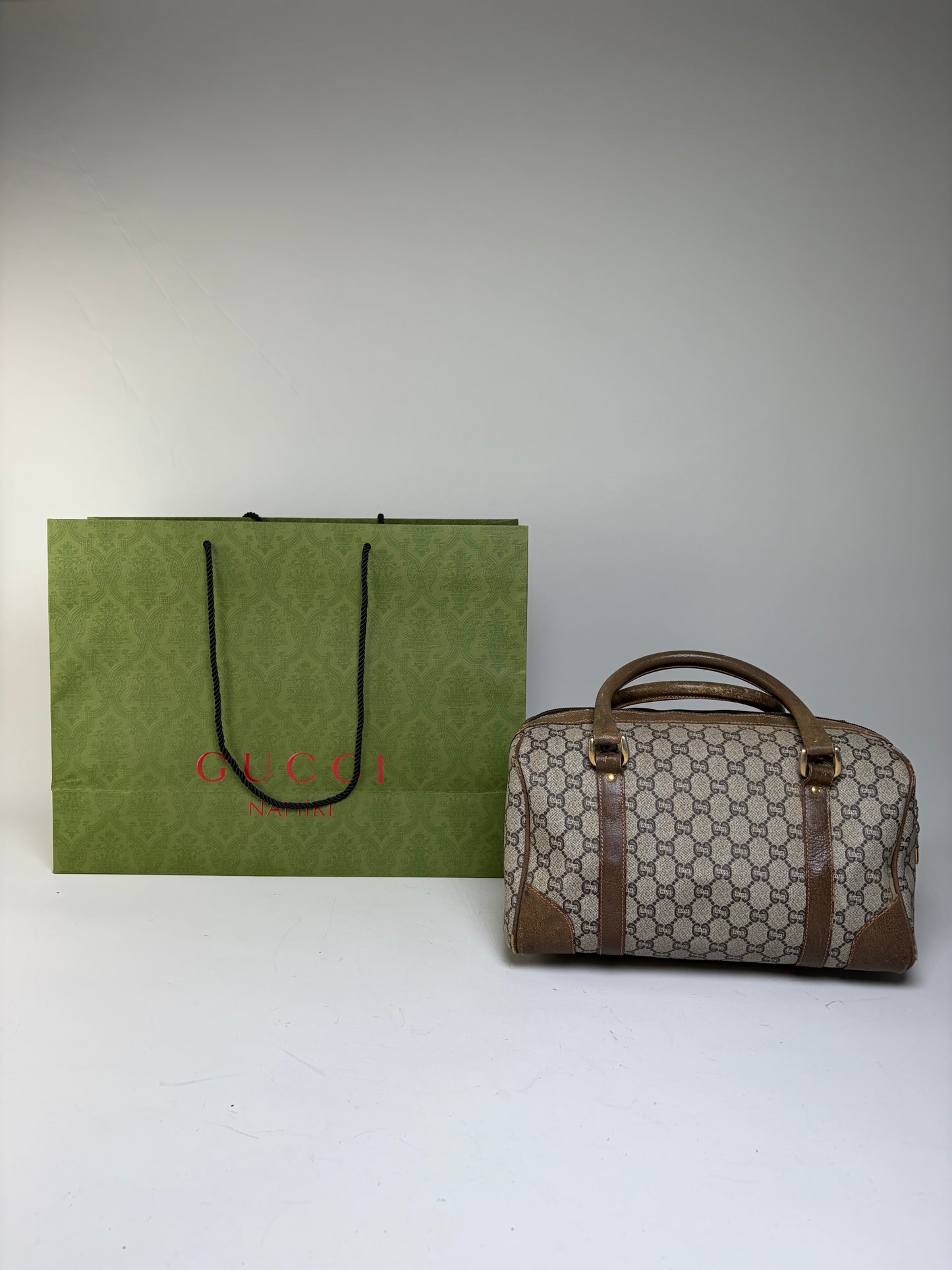 Vintage Gucci GG Canvas Horsebit Top-Handle Bag Beige Brown