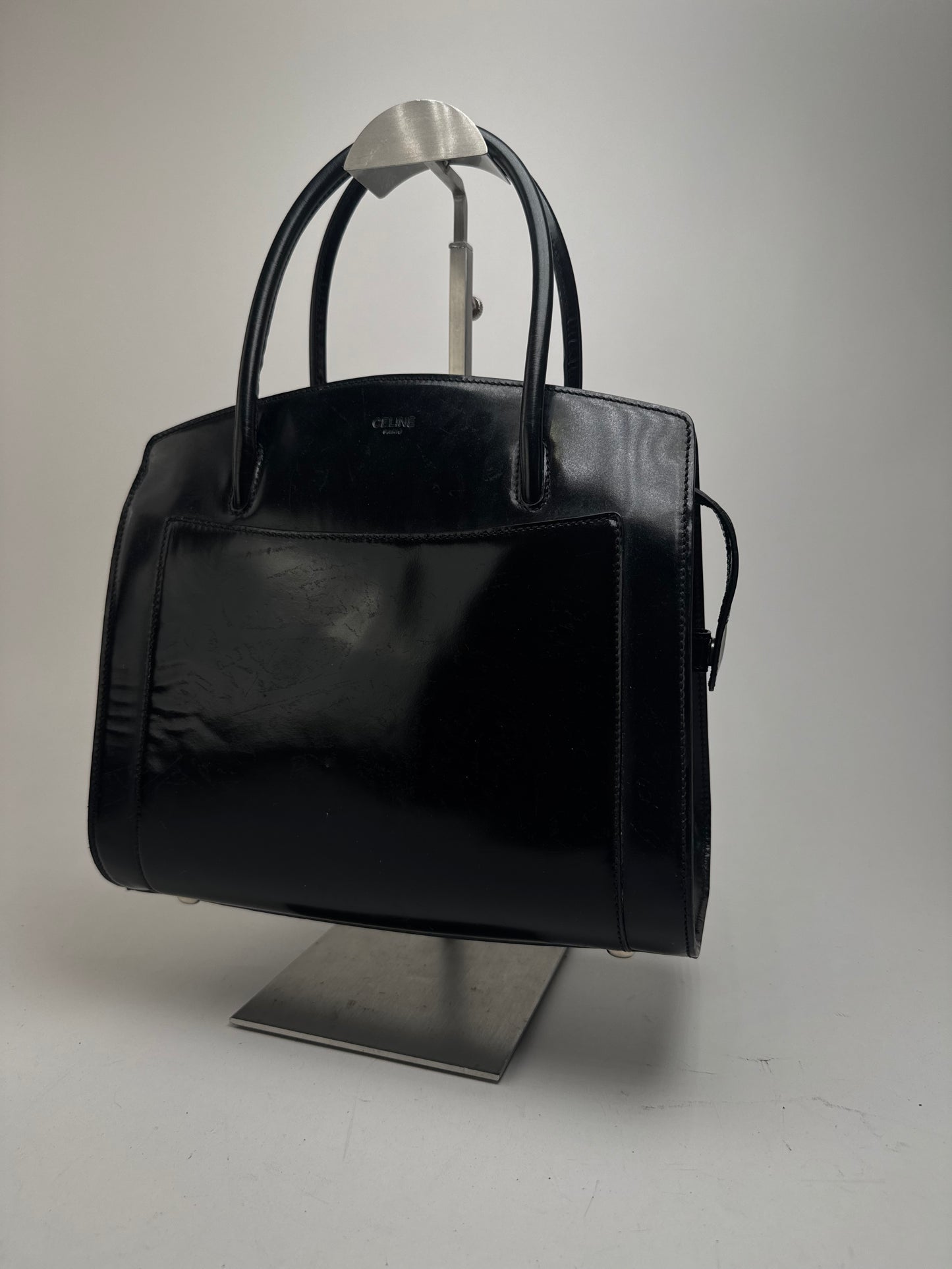 Sac vintage en cuir verni noir Céline Paris