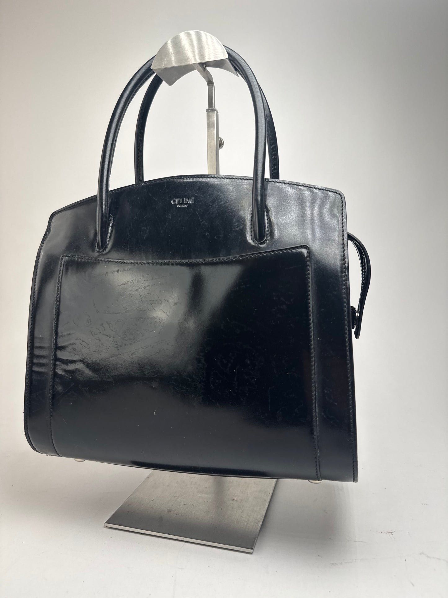 Sac vintage en cuir verni noir Céline Paris