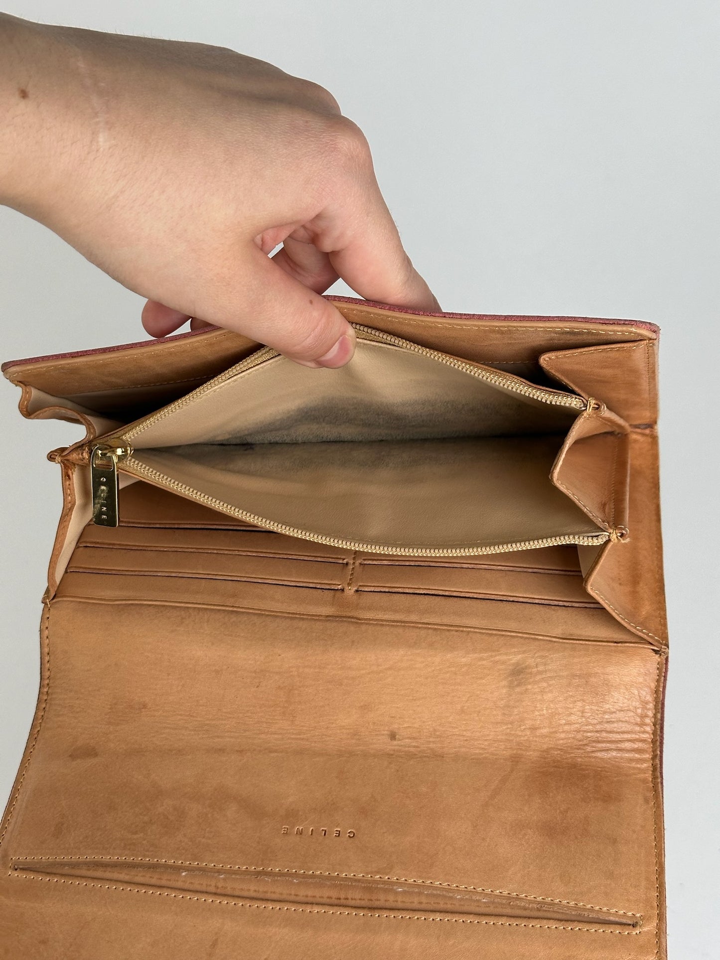 Portefeuille vintage Céline en daim macadam Monogram rose marron