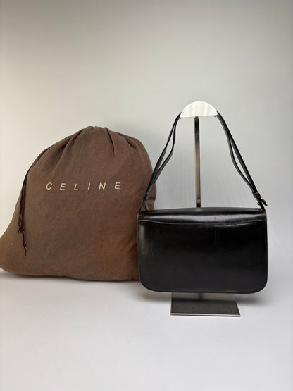 Vintage Celine Leather Flap Crossbody Bag Late 1970s Black
