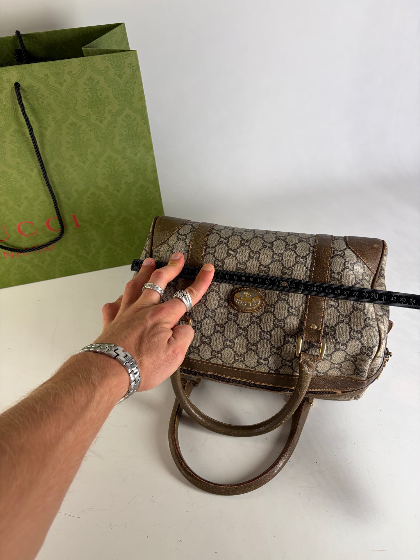 Vintage Gucci GG Canvas Horsebit Top-Handle Bag Beige Brown